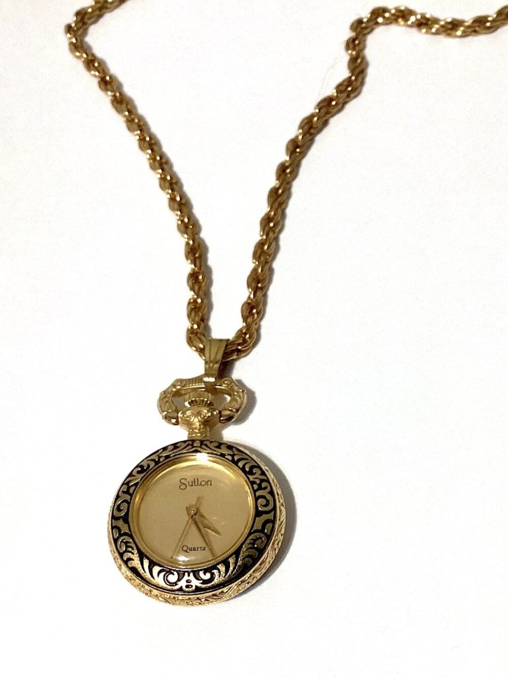 Vintage Pocket Watch, Unique Long Chain Gold Tone, WORKS! Victorian Retro